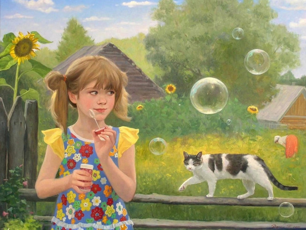 Обои картинки фото рисованные, татьяна, дерий, девочка, кот, деревня