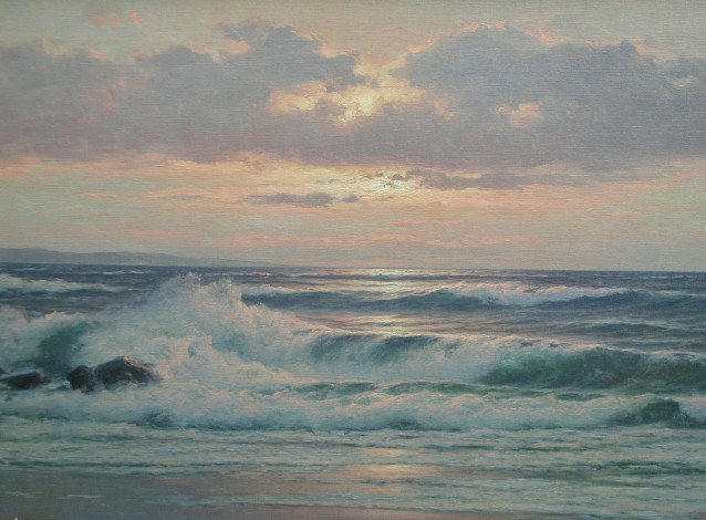 Обои картинки фото рисованные, carl, kenzler, морской, закат, прибой