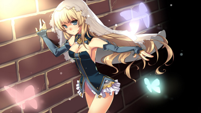 Обои картинки фото sword, girls, аниме, девушка, стена