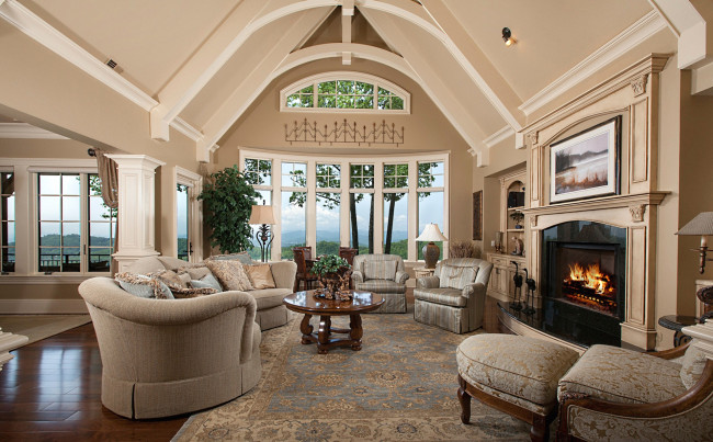 Обои картинки фото интерьер, гостиная, камин, диваны, окна