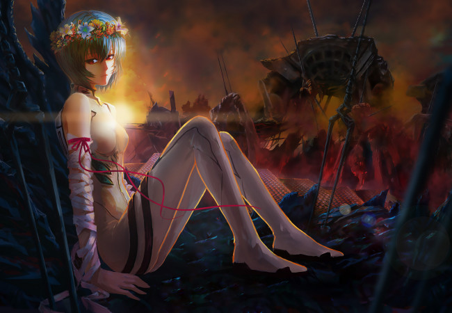 Обои картинки фото аниме, evangelion, венок, девушка, лента