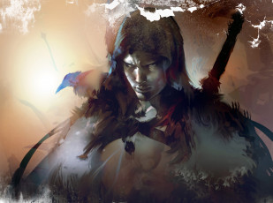 Картинка фэнтези люди капюшон мужчина рукоять меч арт ворон