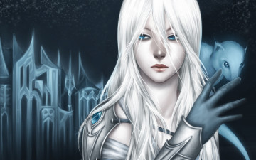 Картинка фэнтези девушки белые волосы ночь звезды замок зверек девушка