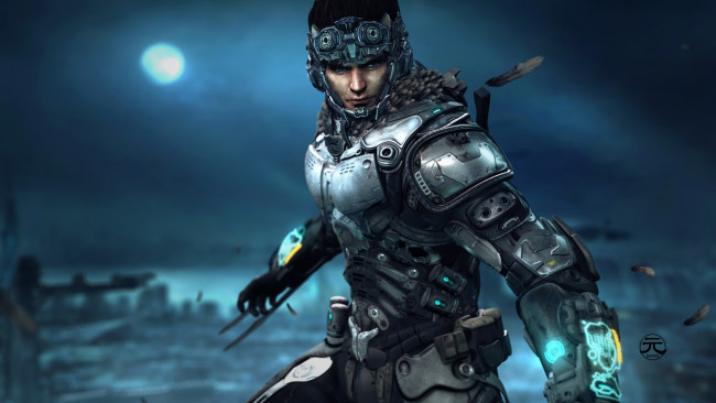 Обои картинки фото фэнтези, роботы,  киборги,  механизмы, солдат, шлем, броня, костюм, chio, ninox, взгляд