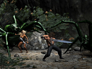 Картинка 3д+графика фантазия+ fantasy девушка паук фон оружие мужчина страх взгляд