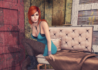 Картинка 3д+графика люди+ people интерьер рыжая фон взгляд девушка