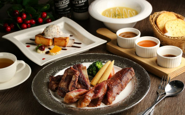 Картинка еда мясные+блюда блюда десерт соус мясо овощи кукуруза ассорти