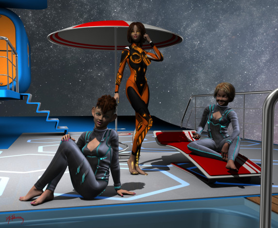 Обои картинки фото 3д графика, фантазия , fantasy, бассейн, звезды, девушки, фон, взгляд