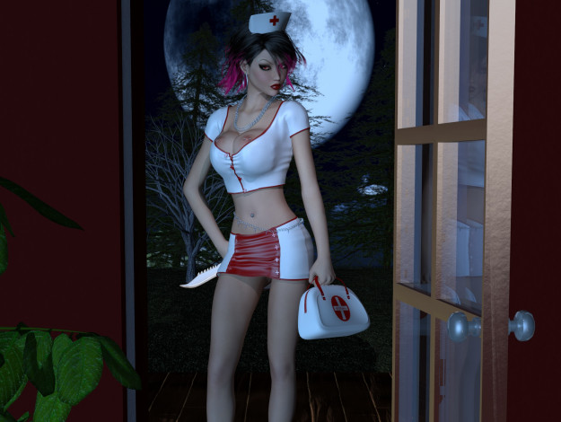 Обои картинки фото 3д графика, люди , people, фон, взгляд, девушка, луна, медсестра