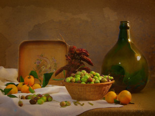 Картинка разное компьютерный+дизайн бутылка керамика корзина натюрморт осень перец плоды фрукты