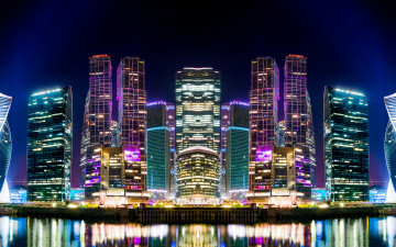 Картинка города москва+ россия ночь огни столица дома небоскребы река москва
