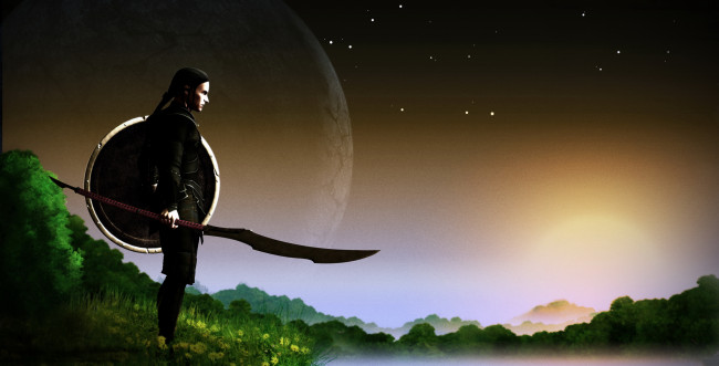 Обои картинки фото фэнтези, люди, щит, копье, мужчина, фон