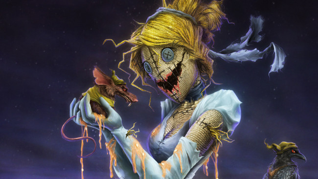 Обои картинки фото фэнтези, существа, пугало, фон, ворон