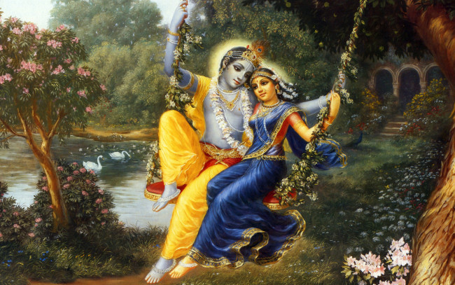 Обои картинки фото разное, религия, бог, кришна, богиня, радха, качели, цветы