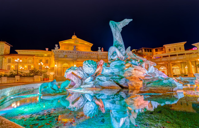 Обои картинки фото города, токио , Япония, огни, фонтан, токио, ночь, отель, миракоста, tokyo, disneysea, ураясу