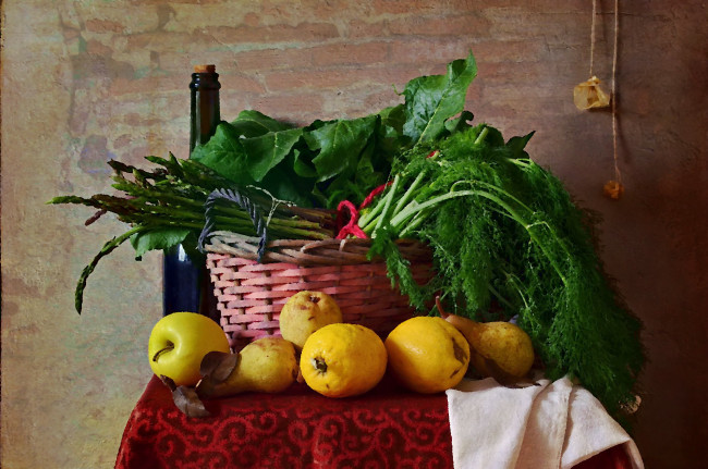 Обои картинки фото разное, компьютерный дизайн, бутылка, вино, груша, зелень, корзина, мангольд, плоды, спаржа, фенхель, фрукты, яблоки