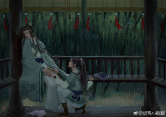 Картинка аниме unknown +другое+ дождь беседка скамейка парни