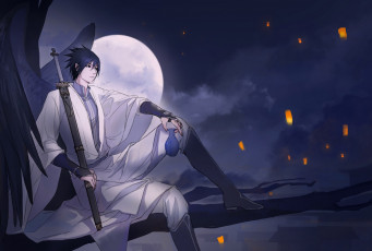 Картинка аниме naruto фонарики саске луна меч ветка бутылка учиха крылья