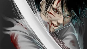 Картинка аниме животные +существа меч зубы глаза фон мужчина