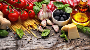Картинка еда разное помидоры спагетти сыр чеснок базилик масло томаты