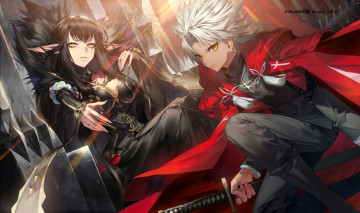 Картинка аниме fate stay+night +grand+order +apocrypha плащ меч уши девушка парень