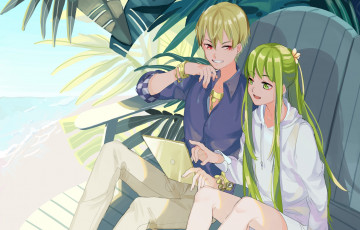 Картинка аниме fate stay+night +grand+order +apocrypha пальмы скамейка украшения девушка парень