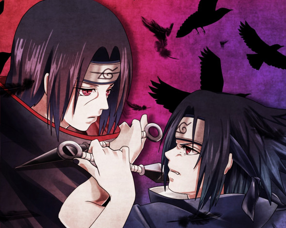 Обои картинки фото аниме, naruto, саске, учиха, кунаи, вороны, братья, итачи