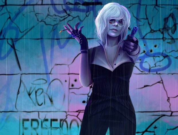 Обои картинки фото рисованное, кино, пистолет, сигарета, взгляд, фон, девушка