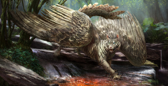 Обои картинки фото фэнтези, существа, фон, тигр, крылья