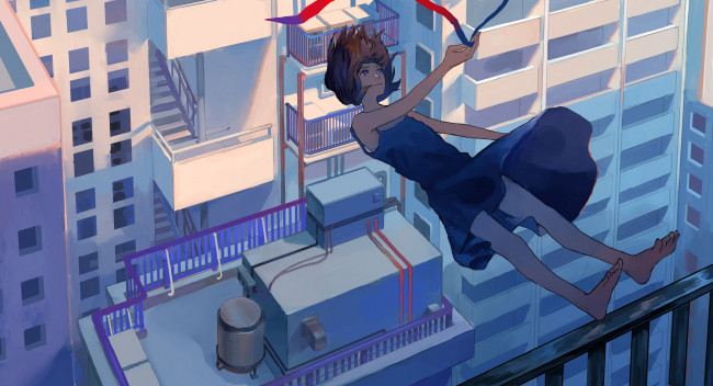 Обои картинки фото аниме, город,  улицы,  интерьер,  здания, девушка