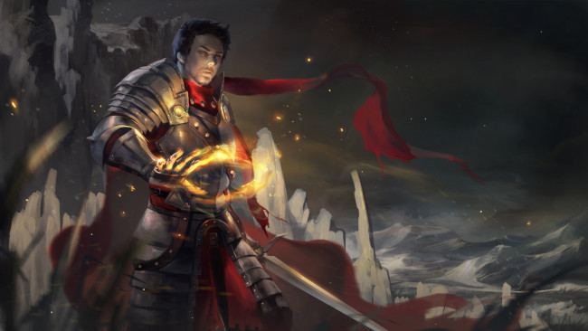 Обои картинки фото фэнтези, маги,  волшебники, фон, латы, магия, меч, рыцарь, мужчина