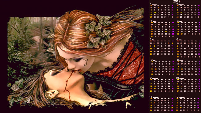 Обои картинки фото календари, фэнтези, поцелуй, кровь, лицо, двое, девушка