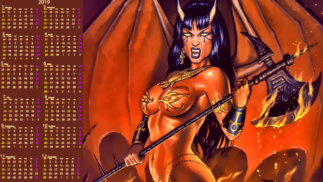 Обои картинки фото календари, фэнтези, существо, женщина, оскал, оружие, крылья