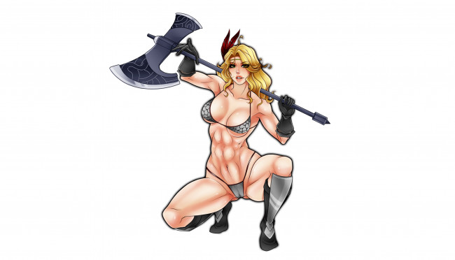 Обои картинки фото рисованное, комиксы, взгляд, секира, девушка, фон