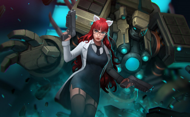 Обои картинки фото видео игры, dungeon fighter online, ушки, фон, взгляд, девушка, пистолет, робот