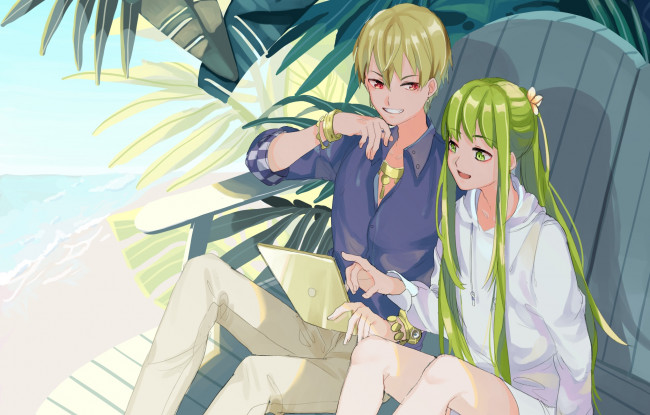 Обои картинки фото аниме, fate, stay night,  grand order,  apocrypha, пальмы, скамейка, украшения, девушка, парень