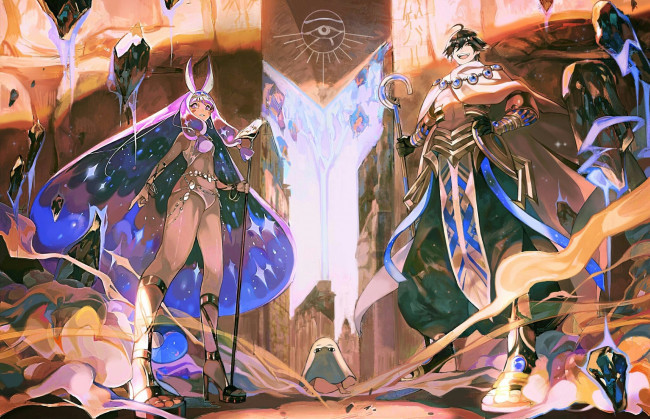 Обои картинки фото аниме, fate, stay night,  grand order,  apocrypha, парень, камни, посохи, девушка, боги