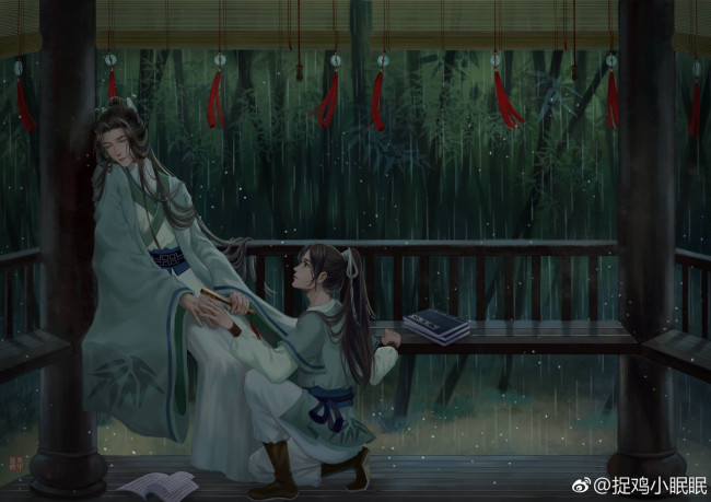 Обои картинки фото аниме, unknown,  другое , дождь, беседка, скамейка, парни