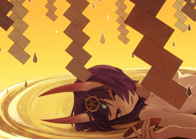 Обои картинки фото аниме, fate, stay night,  grand order,  apocrypha, рога, капли, девушка