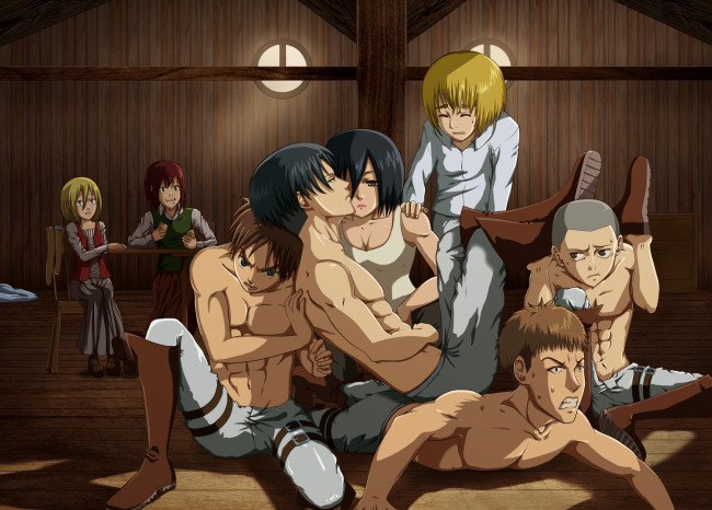 Обои картинки фото аниме, shingeki no kyojin, red, girl, anime, man, hair, asiatic, boy, redhead, brunette, blonde, asian, manga, oriental, thorax, attack, on, titan, chest, japonese, ackerman, shingeki, no, kyojin, mikasa