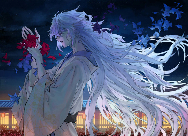 Обои картинки фото аниме, fate, stay night,  grand order,  apocrypha, кимоно, парень, волосы, лепестки