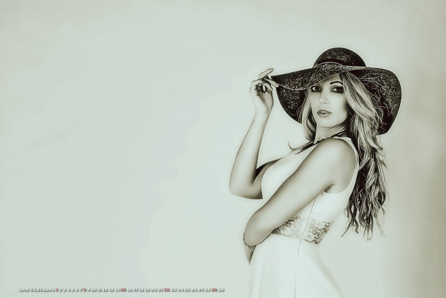 Обои картинки фото календари, компьютерный дизайн, calendar, женщина, 2019, девушка, взгляд, шляпа