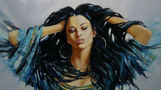 Обои картинки фото рисованное, живопись, девушка, брюнетка, серьги