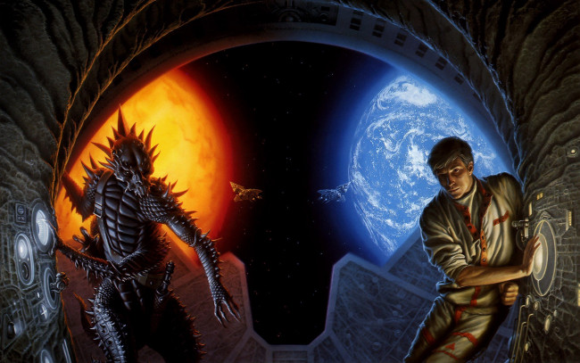 Обои картинки фото фэнтези, существа, инопланетянин, человек, арка, планеты, корабли