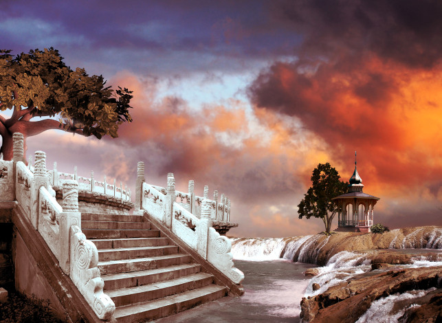 Обои картинки фото разное, компьютерный дизайн, деревья, лестница, река, водопады, беседка