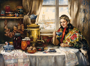 обоя рисованное, василий нестеренко, женщина, купчиха, чаепитие, самовар, окно