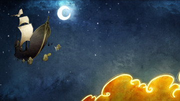 обоя фэнтези, корабли, корабль, парусник, полет, рыбы, небо, месяц, звезды