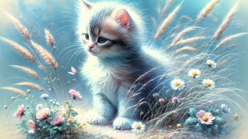 обоя рисованное, животные,  коты, котенок, колоски, цветы