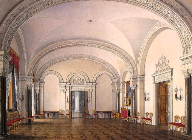 Обои картинки фото рисованное, эдуард гау, дворец, интерьер, зал, свод, лепнина, двери, стулья