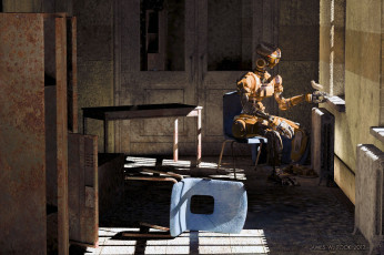 Картинка 3д графика creatures существа робот птичка комната